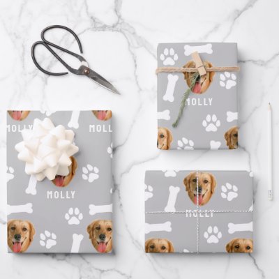 Customized Dog Pet Photo &amp; Name Gray Wrapping Paper Sheets