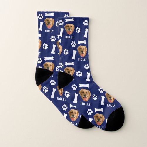 Customized Dog Pet Photo  Name Navy Blue Socks
