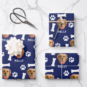 Customized Dog Pet Photo & Name Navy Blue Wrapping Paper Sheets