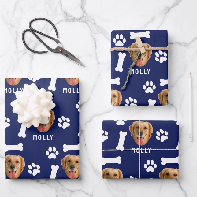 Customized Dog Pet Photo & Name Navy Blue Wrapping Paper Sheets (Front)