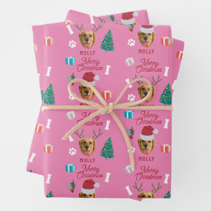 Customized Dog Pet Photo Name Pink Funny Christmas Wrapping Paper Sheets