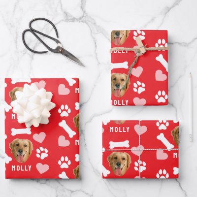 Customized Dog Pet Photo &amp; Name Pink Red Hearts Wrapping Paper Sheets