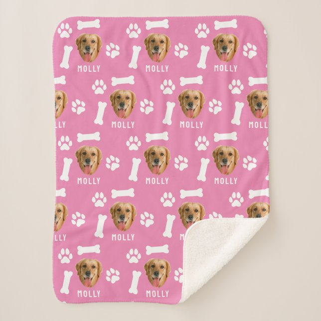 Customized Dog Pet Photo & Name Pink Sherpa Blanket (Front)