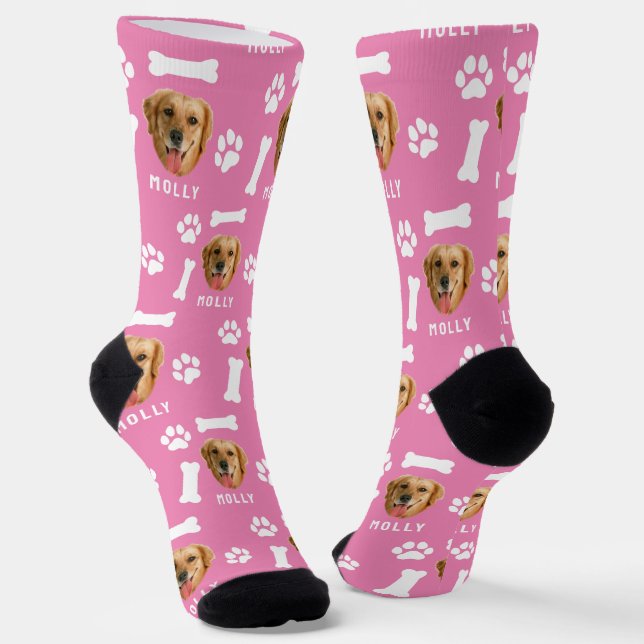 Customized Dog Pet Photo & Name Pink Socks (Angled)