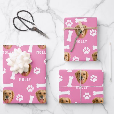 Customized Dog Pet Photo &amp; Name Pink Wrapping Paper Sheets