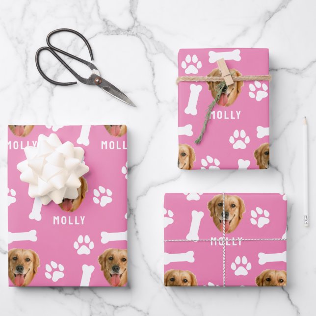 Customized Dog Pet Photo & Name Pink Wrapping Paper Sheets (Front)