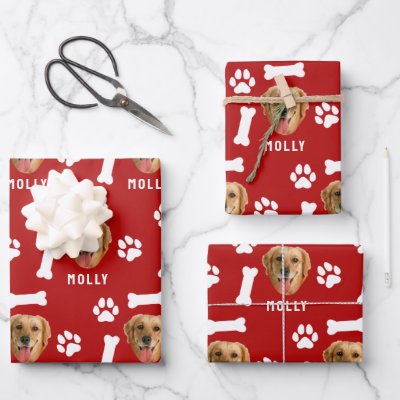 Customized Dog Pet Photo &amp; Name Red Wrapping Paper Sheets