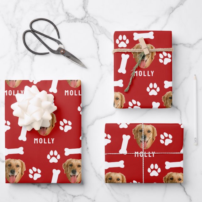 Customized Dog Pet Photo & Name Red Wrapping Paper Sheets (Front)