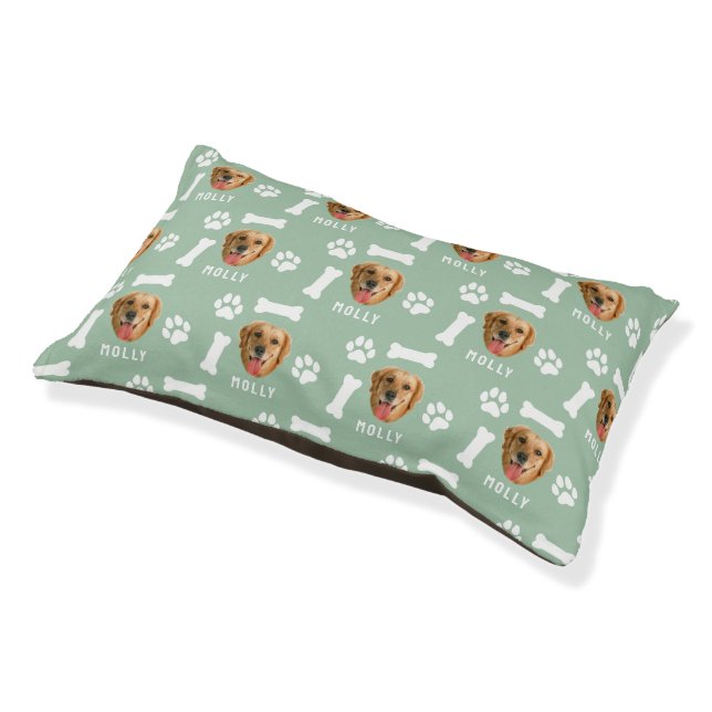 Customized Dog Pet Photo & Name Sage Green Bed (Angled)