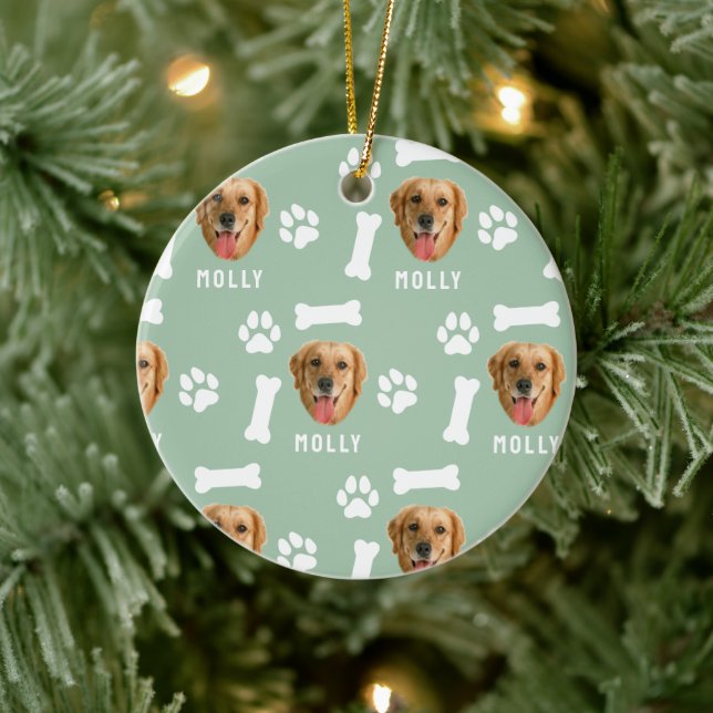 Customized Dog Pet Photo & Name Sage Green Ceramic Ornament (Tree)