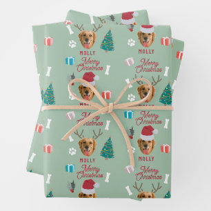 Customized Dog Pet Photo Name Sage Green Christmas Wrapping Paper Sheets