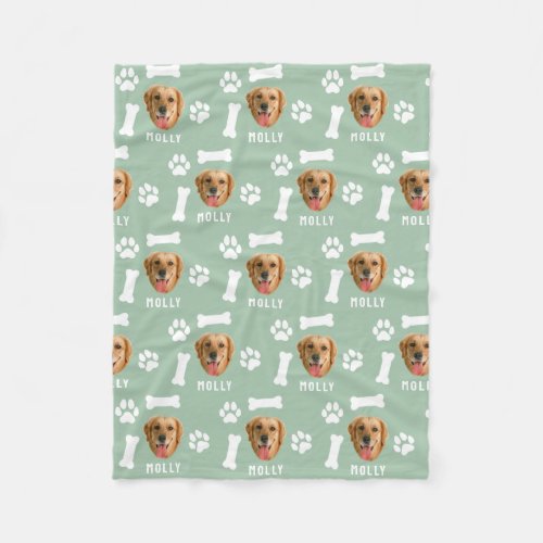 Customized Dog Pet Photo  Name Sage Green Fleece Blanket