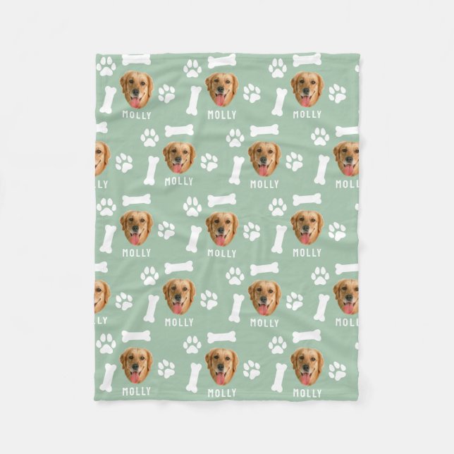 Customized Dog Pet Photo & Name Sage Green Fleece Blanket (Front)
