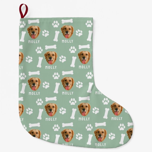 Customized Dog Pet Photo & Name Sage Green Large Christmas Stocking (Front)