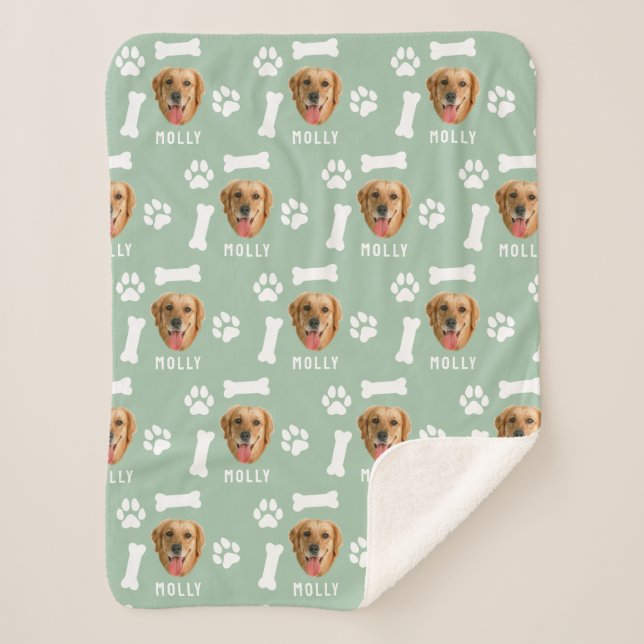 Customized Dog Pet Photo & Name Sage Green Sherpa Blanket (Front)