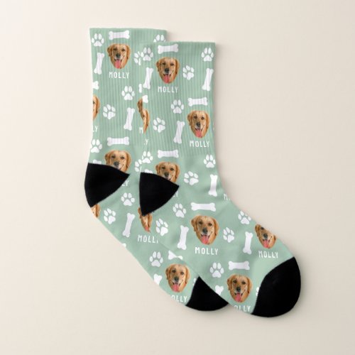 Customized Dog Pet Photo  Name Sage Green Socks