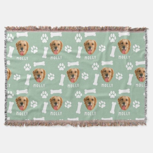 Customized Dog Pet Photo  Name Sage Green Throw Blanket