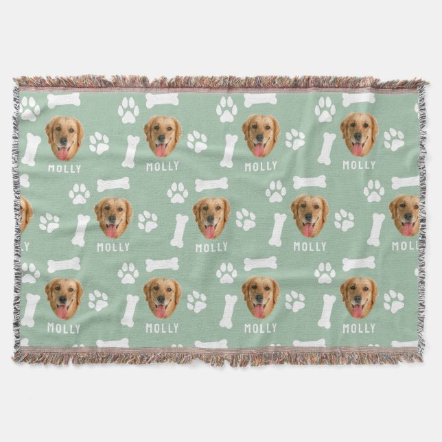 Customized Dog Pet Photo & Name Sage Green Throw Blanket (Front)
