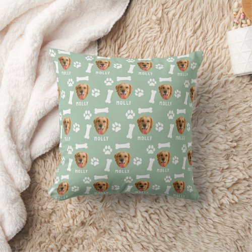 Customized Dog Pet Photo  Name Sage Green Throw Pillow