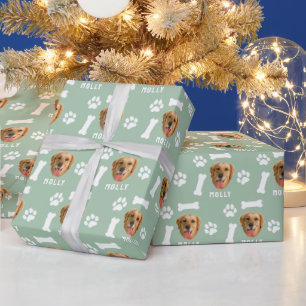 Customized Dog Pet Photo & Name Sage Green  Wrapping Paper