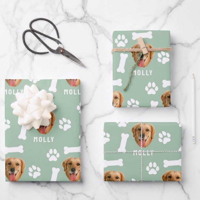 Customized Dog Pet Photo & Name Sage Green Wrapping Paper Sheets (Front)