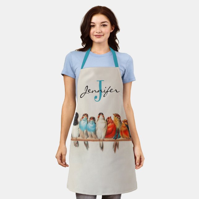 Customized Dusty Blue Birds Vintage Monogram Name Apron (Worn)