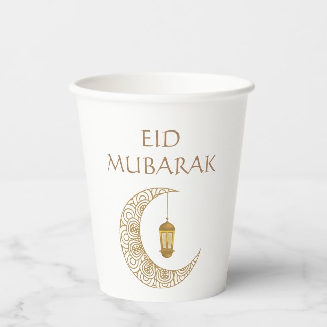 Customized Eid Mubarak Golden Decorated Crescent Paper Cups (Front)