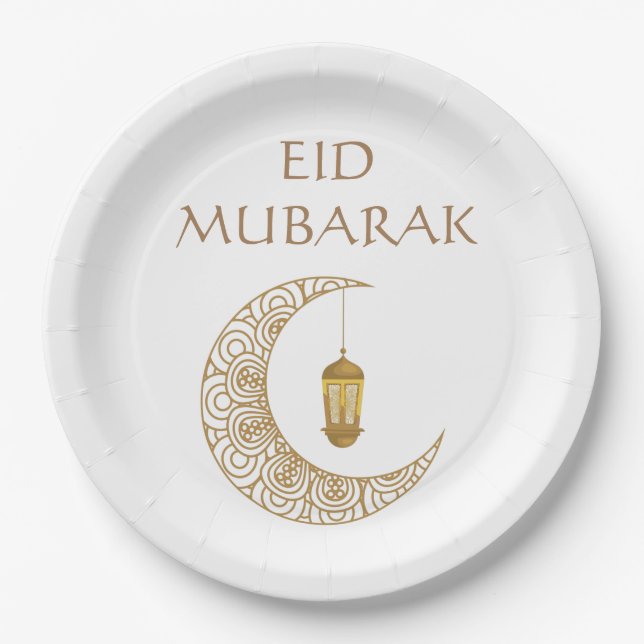 Customized Eid Mubarak Golden Decorated Crescent Paper Plates (Front)