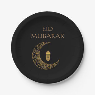Customized Eid Mubarak Golden Decorated Crescent Paper Plates