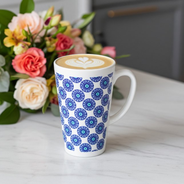 Customized Elegant Blue Evil Eye Geometric Pattern Latte Mug (Creator Uploaded)