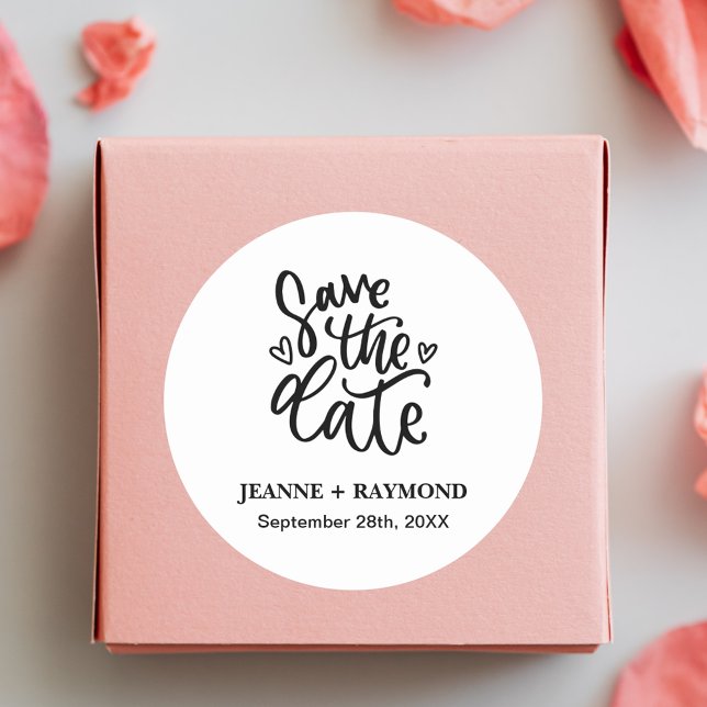 Customized Elegant Clean Wedding Save the date Classic Round Sticker (Elegant clean save the date sticker adds personalized elegance to wedding invitations.)