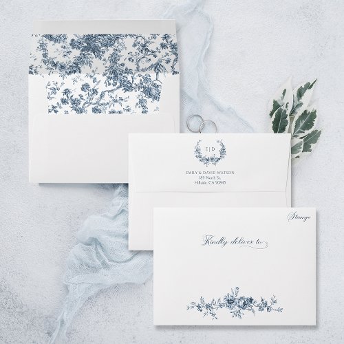 Customized Elegant Engraved Blue Floral Toile Envelope