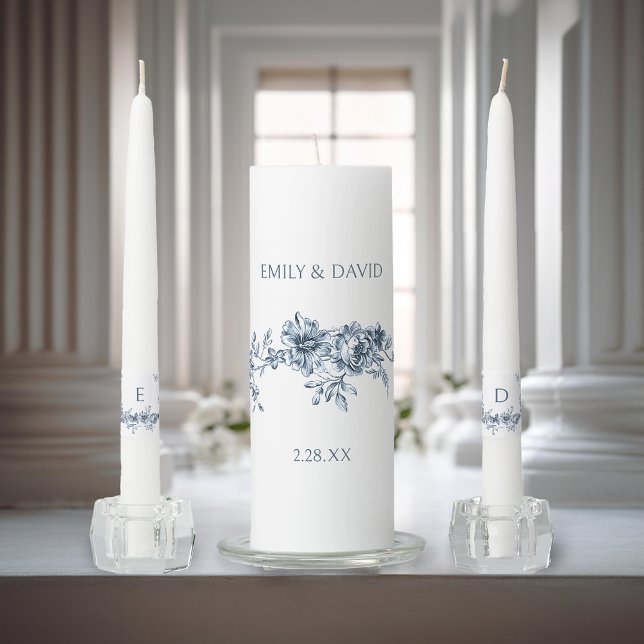 Customized Elegant Engraved Blue Floral  Unity Candle Set (Creator Uploaded)