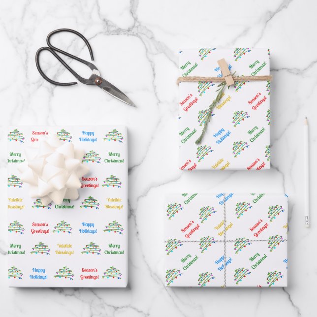 Customized Elegant "Merry Christmas" & Xmas Tree Wrapping Paper Sheets (Front)