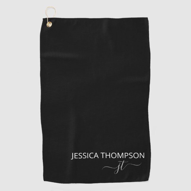 Customized Elegant Modern Monogram Name Black Golf Towel (Front)