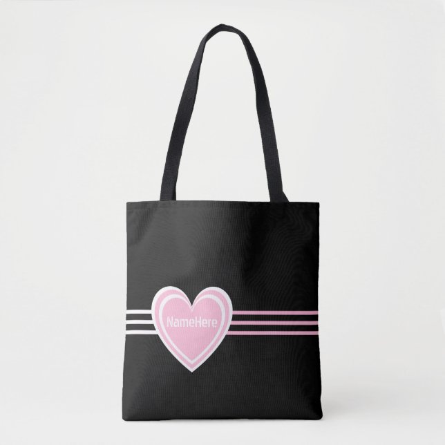 Customized Elegant Pink White Heart Stripes Black Tote Bag (Front)