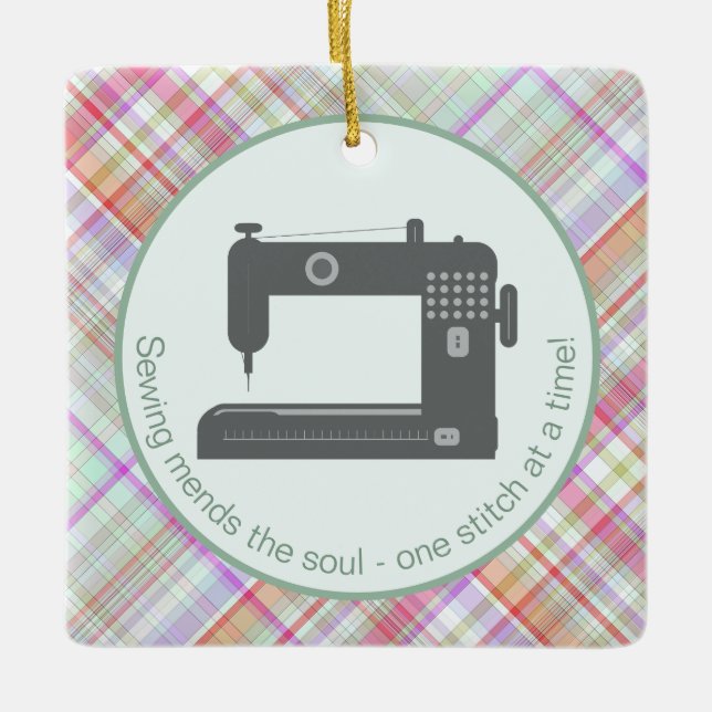 Customized Elegant Plaid Green Pink Sewing Machine Ceramic Ornament (Front)