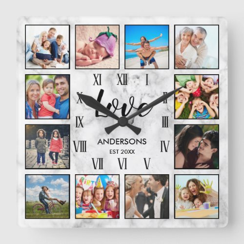 Customized Family Photo Collage Love Script Marble Square Wall Clock