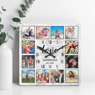 Customized Family Photo Collage Love Script Marble Square Wall Clock