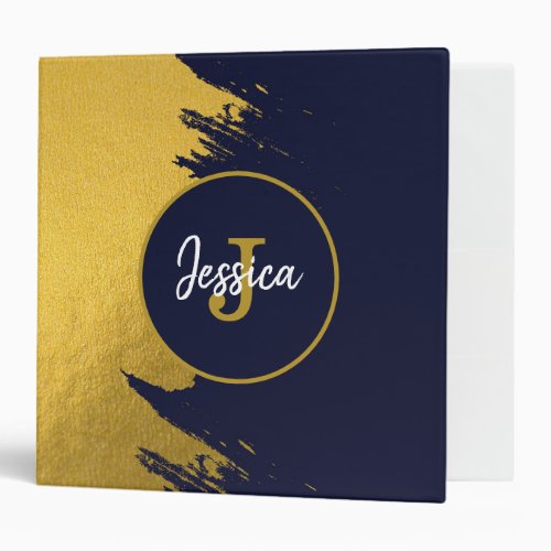 Customized Faux Gold Brushstrokes with Navy Blue 3 Ring Binder