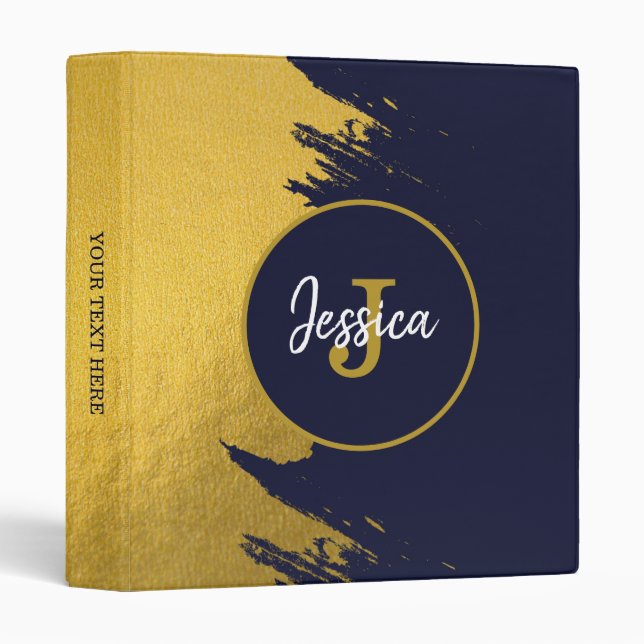Customized Faux Gold Brushstrokes with Navy Blue 3 Ring Binder (Front/Spine)