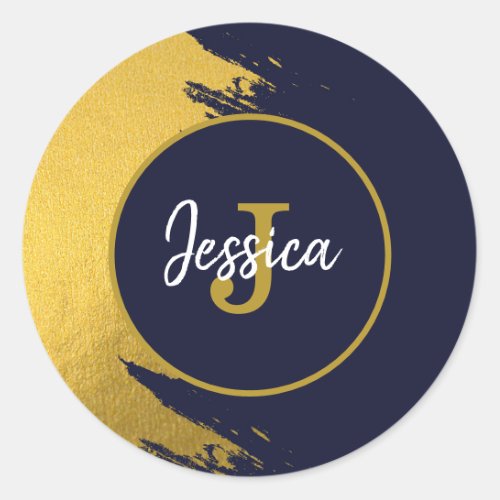 Customized Faux Gold Brushstrokes with Navy Blue Classic Round Sticker