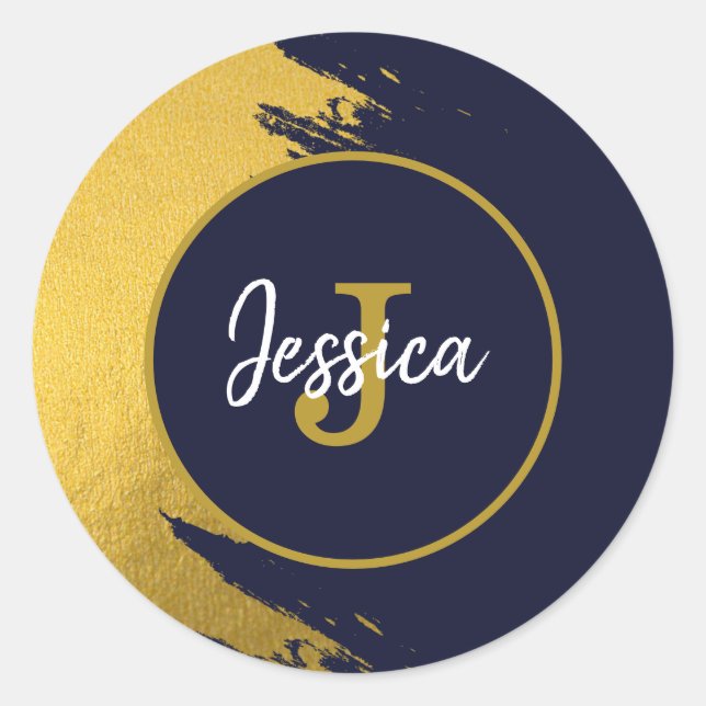 Customized Faux Gold Brushstrokes with Navy Blue Classic Round Sticker (Front)