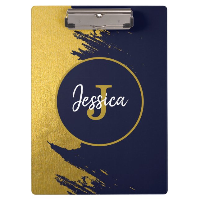 Customized Faux Gold Brushstrokes with Navy Blue Clipboard (Front)