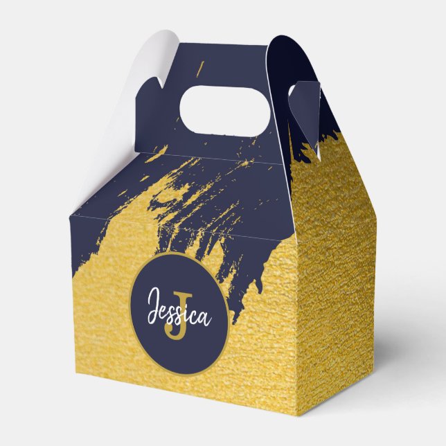 Customized Faux Gold Brushstrokes with Navy Blue Favor Boxes (Back Side)