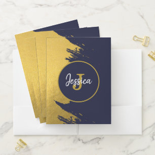 Customized Faux Gold Brushstrokes with Navy Blue Pocket Folder