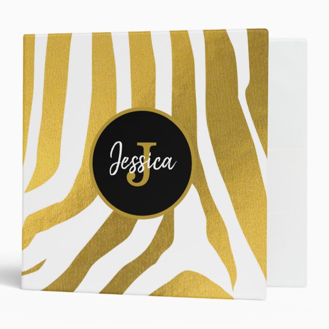 Customized Faux Gold Zebra Print Stripes Pattern 3 Ring Binder (Front/Inside)