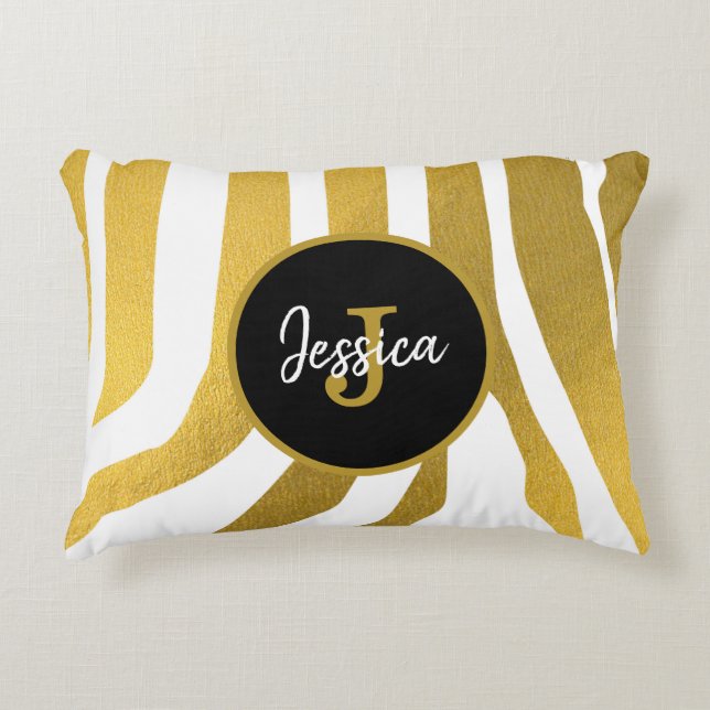 Customized Faux Gold Zebra Print Stripes Pattern Accent Pillow (Front)