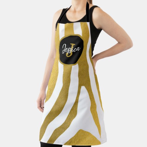 Customized Faux Gold Zebra Print Stripes Pattern Apron