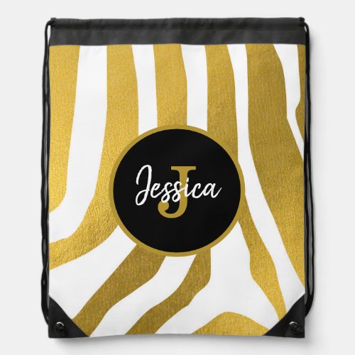 Customized Faux Gold Zebra Print Stripes Pattern Drawstring Bag